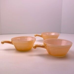 Vintage Fire King Peach Lustre Ribbed Handled Soup Bowls Set of 3 1960s 5”